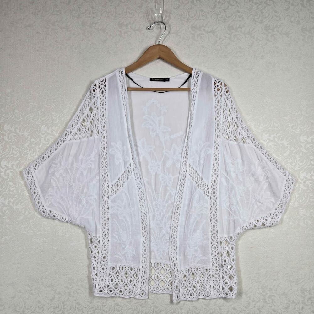 Embroidered Kimono Cardigan M White Cotton Gauze Crochet Lace Boho Fairy